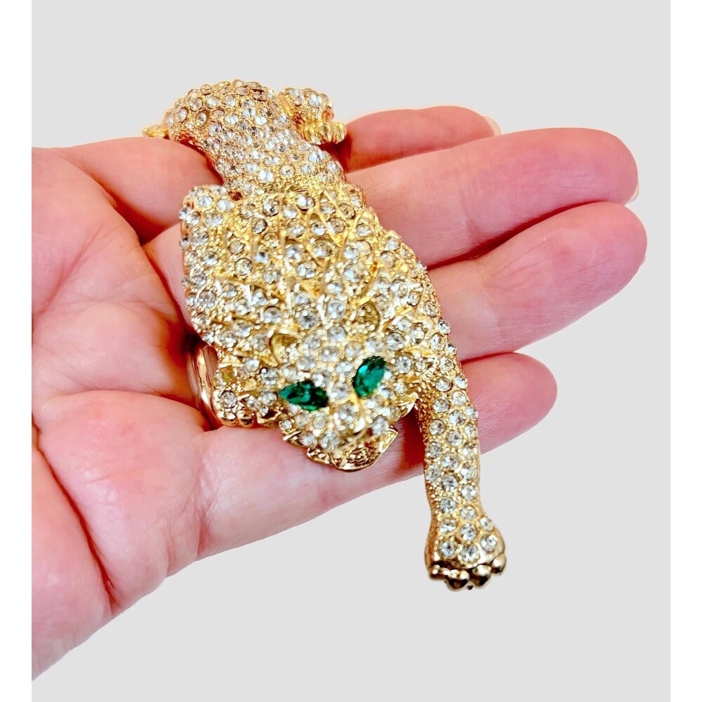 Vintage Shoulder Brooch, Lion, Tiger, Leopard, Rhinestones, Gold Tone, 6" Long - Picture 4 of 7